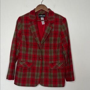 Vintage 80s Sag Harbor Petite Tartan Tweed Wool Blend Plaid Blazer Red Size 12